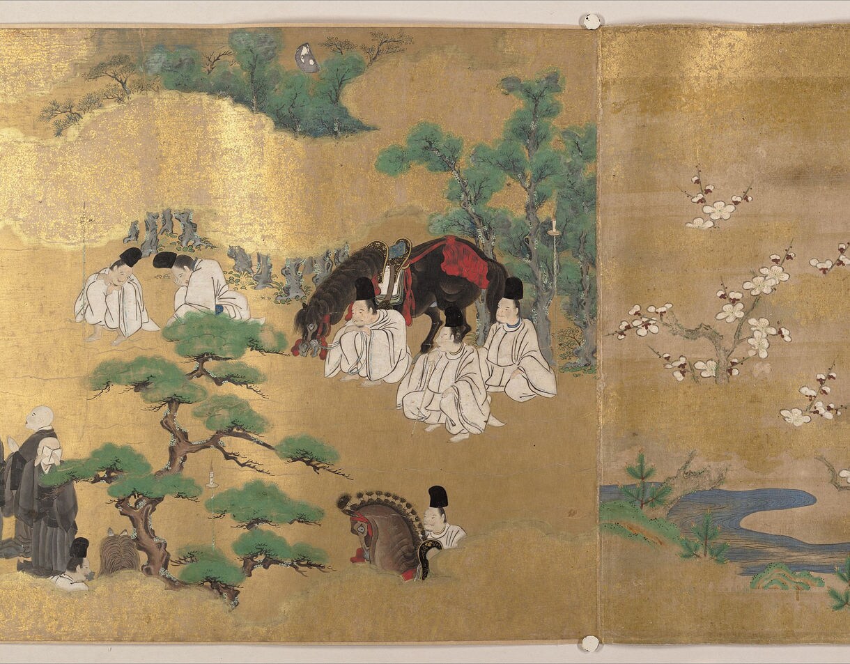 Japanese scroll painting from The Tale of Genji with noble figures, horses and flowering branches set against a gold background.