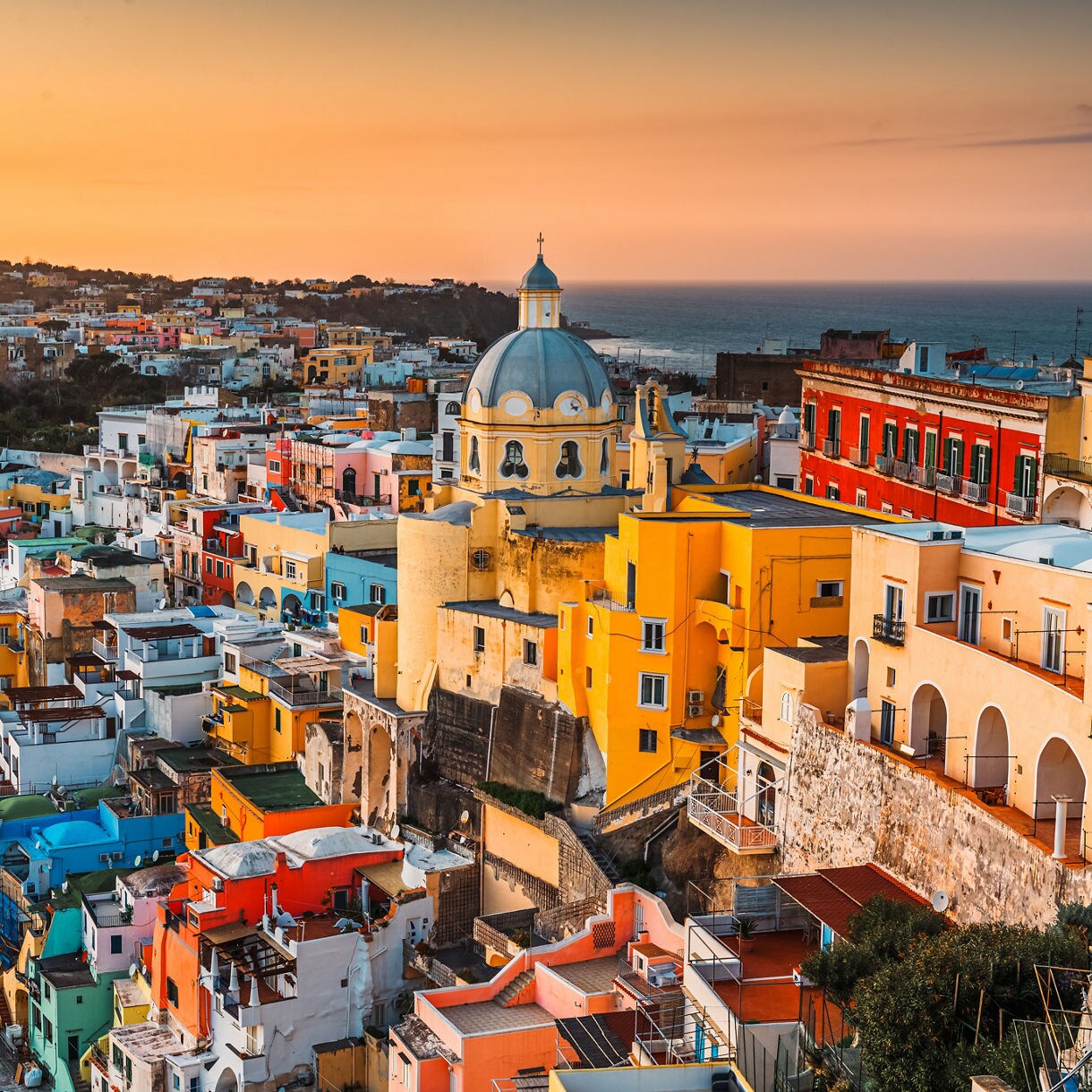 Procida, Italy old town skyline in the Mediterranean Sea