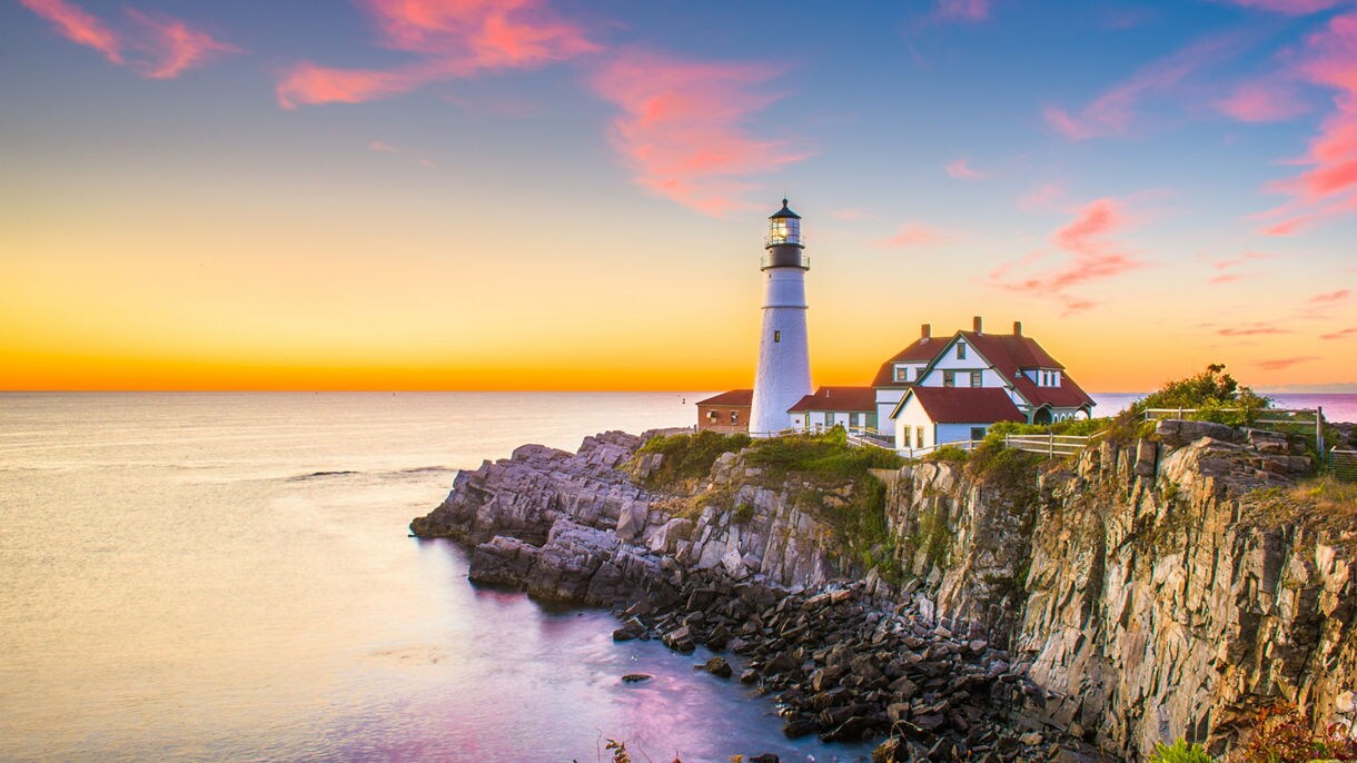 Portland Head Lighthouse in Cape Elizabeth, Maine keeps watch over the rocky eastern coastline. 