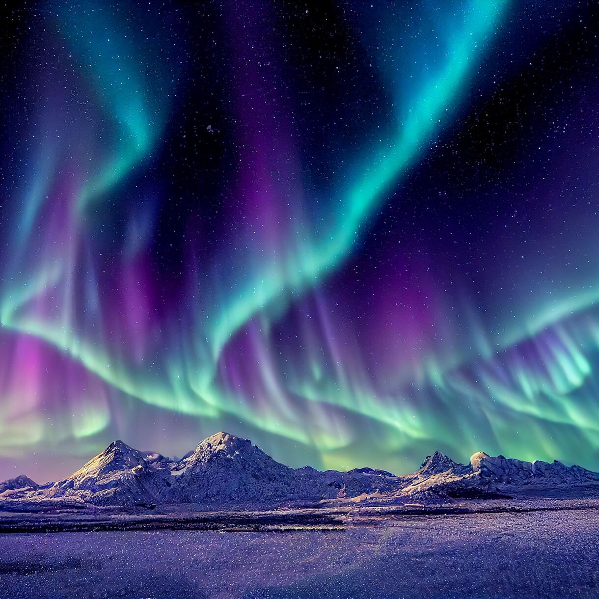 Vivid green and purple aurora lights stretch across a starry sky above snow-covered mountains.