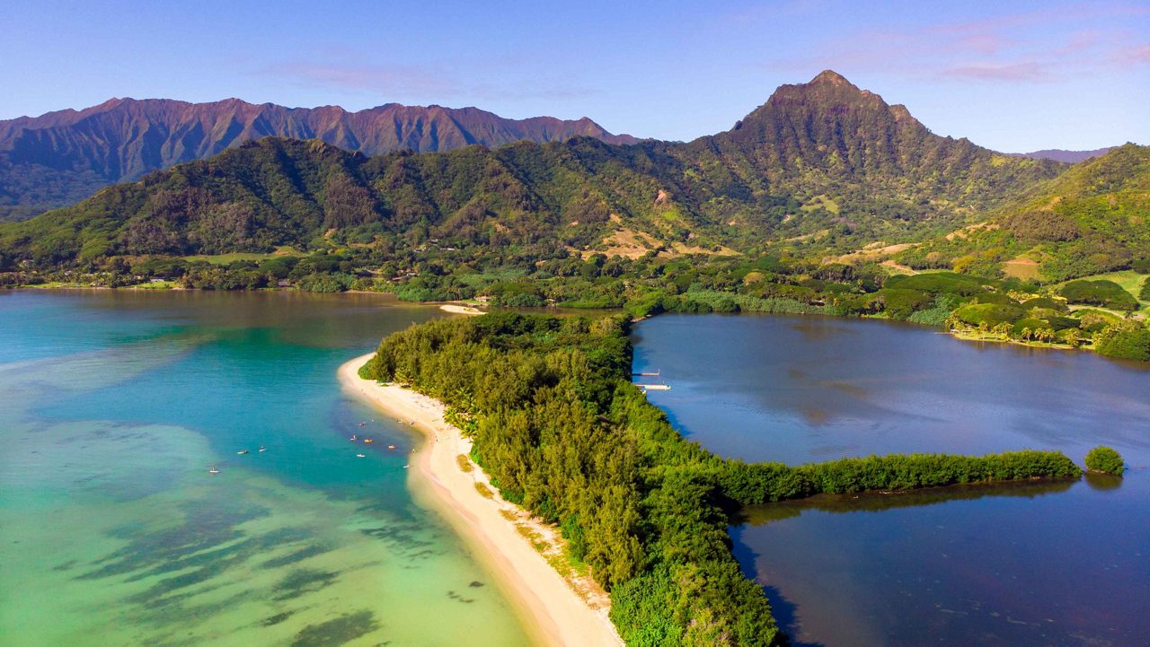 Aerial view of Kualoa regional park in Oahu, Hawaii