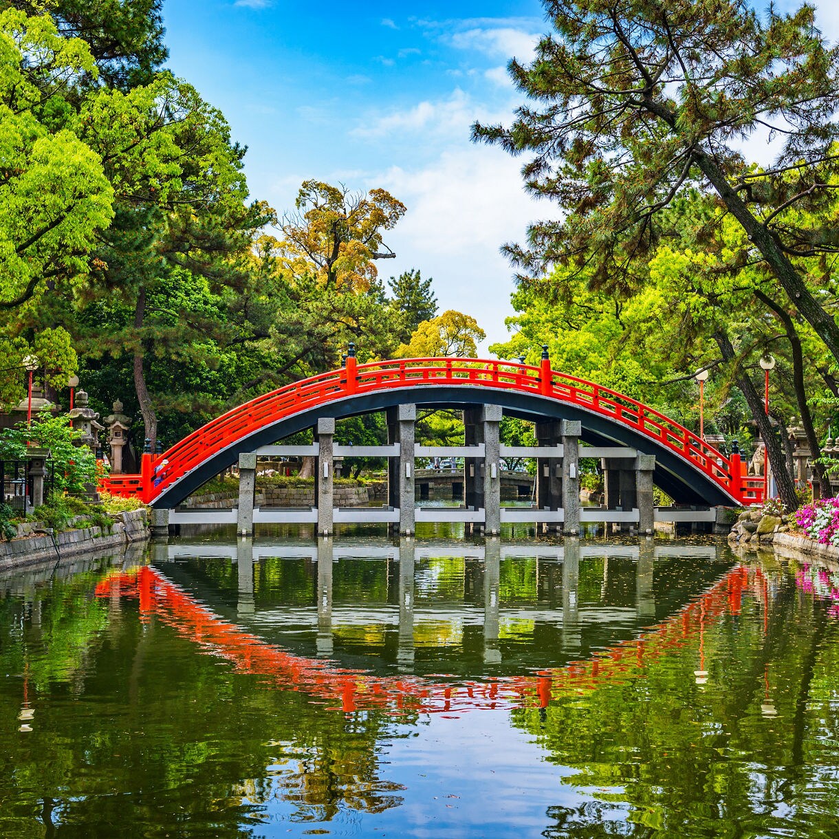 Bright red arched bridge at Sumiyoshi Taisha Shrine in Osaka, spanning a calm pond surrounded by lush greenery, flowering bushes and stone lanterns.