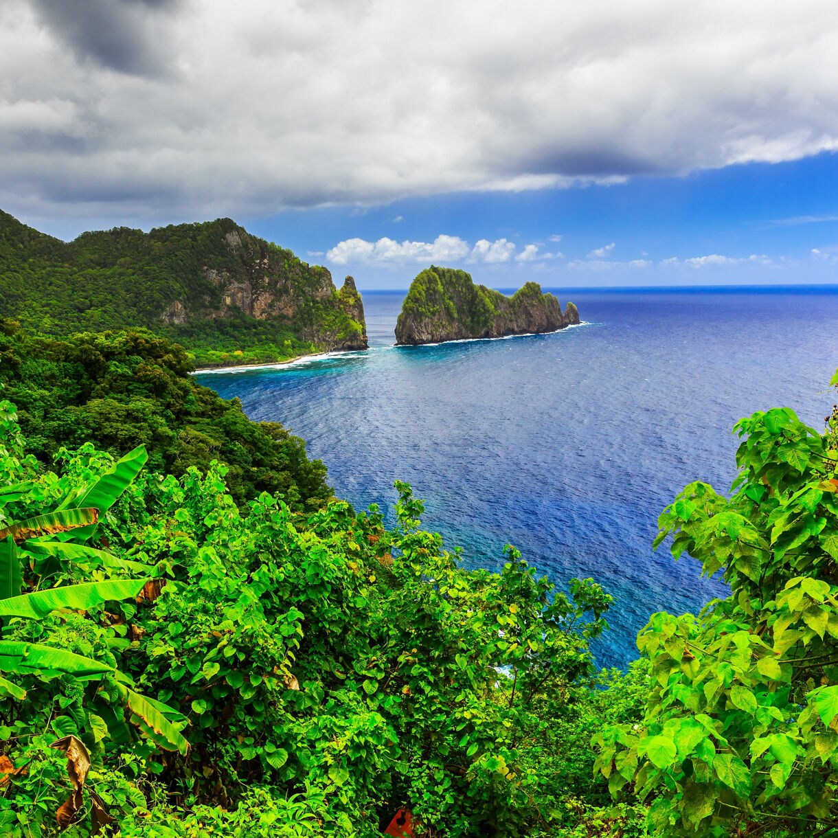 View of lush green tropical foliage overlooking steep coastal cliffs and deep blue ocean under a partly cloudy sky.