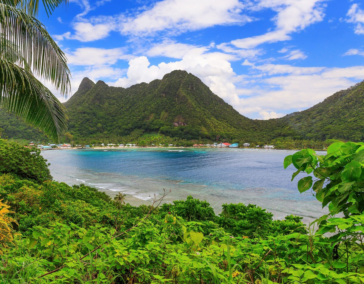 View of a lush green bay in American Samoa, with forest-covered mountains surrounding clear blue water and a small village along the shoreline, framed by tropical plants in the foreground.