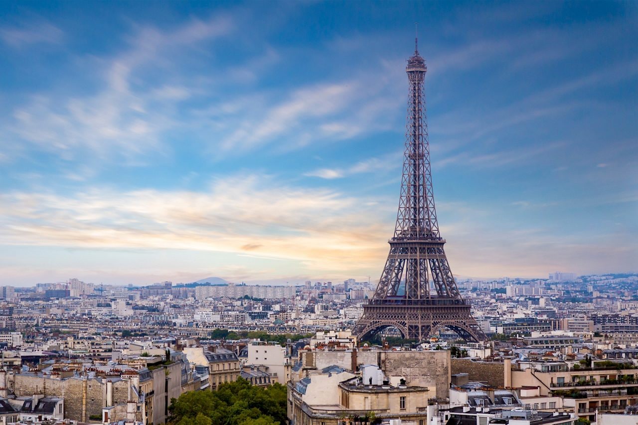 The iconic Eiffel Tower in Paris, France.