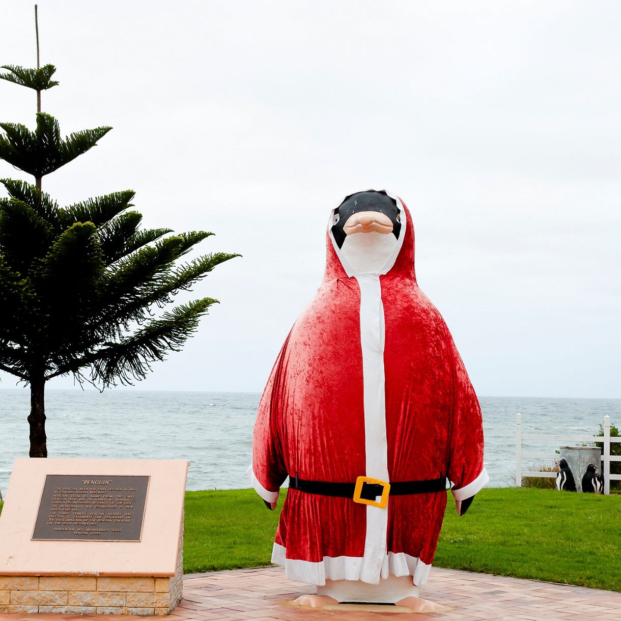 A large penguin statue wearing a red Santa outfit beside a plaque and a Norfolk pine overlooking the ocean.