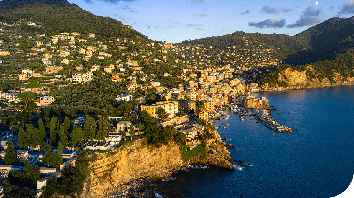 A sunlit overhead view of Portofino, Italy