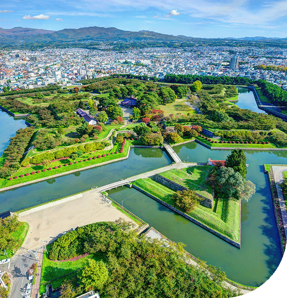 A sunny overhead view of Hakodate, Japan.