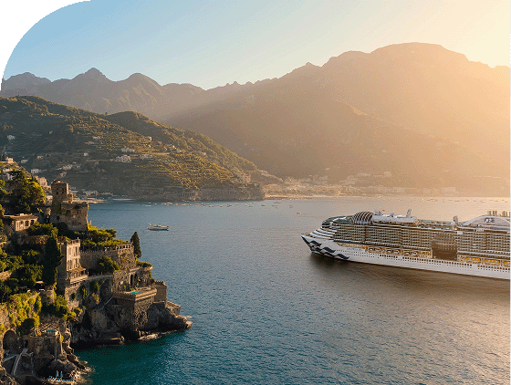 A Princess ship sails in sunlit waters.