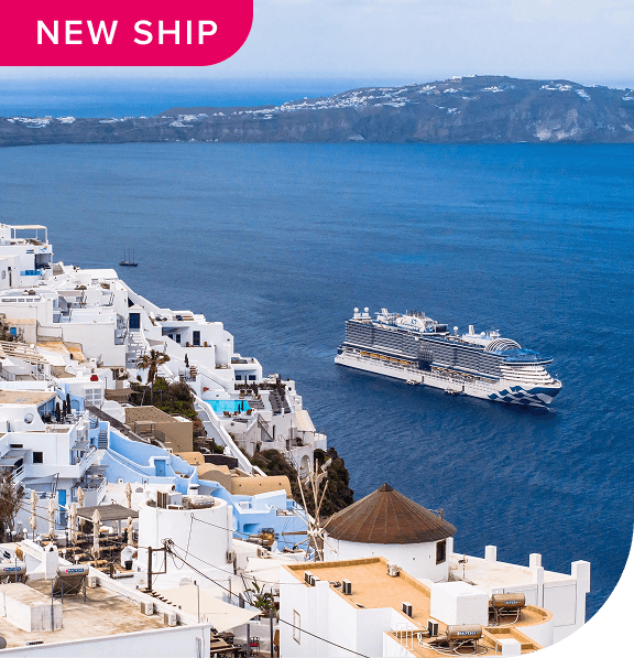 New Ship. The Sun Princess sails near Santorini, Greece coastline.