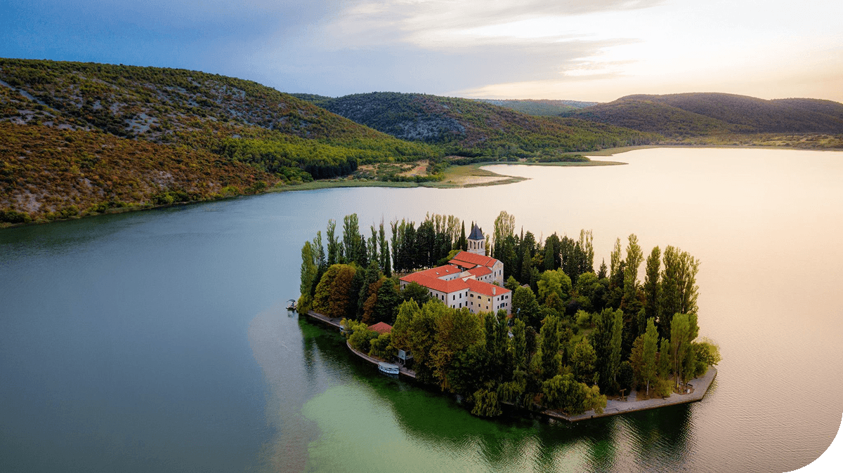 A lake house nestled on an island in Krka National Park, Croatia