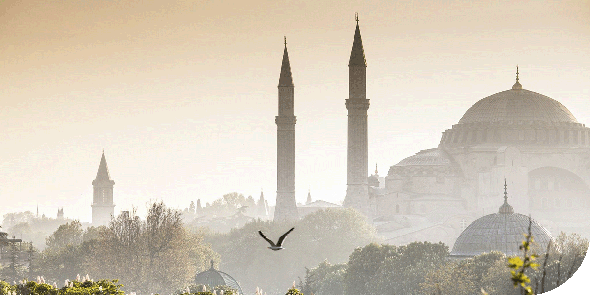 Domed architecture at sunrise in Istanbul, Turkey.