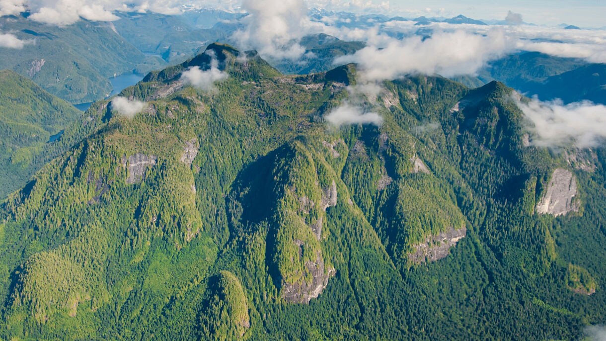 Aerial view of the Great Bear Rainforest near Prince Rupert, showing steep, forested mountains with rocky cliffs and scattered clouds drifting over the peaks.