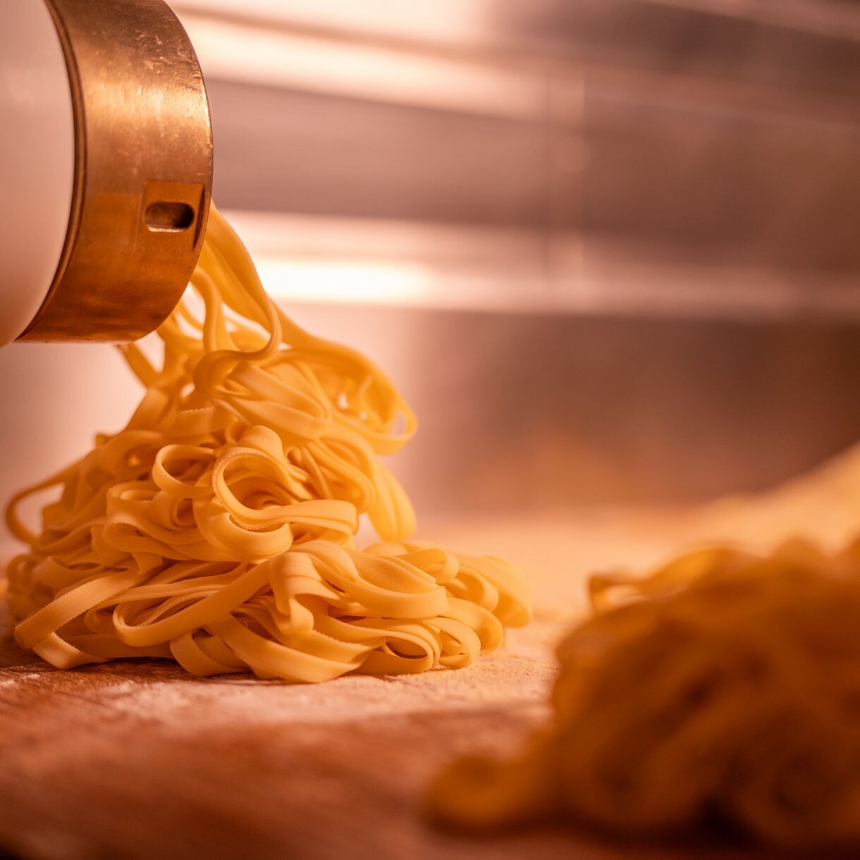 Fresh pasta noodles extruded onto floured surface