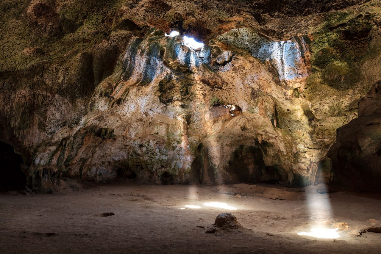 Interior of a large cave with dramatic lighting from natural openings above, showing textured limestone walls, moss-covered surfaces, and a sandy floor.