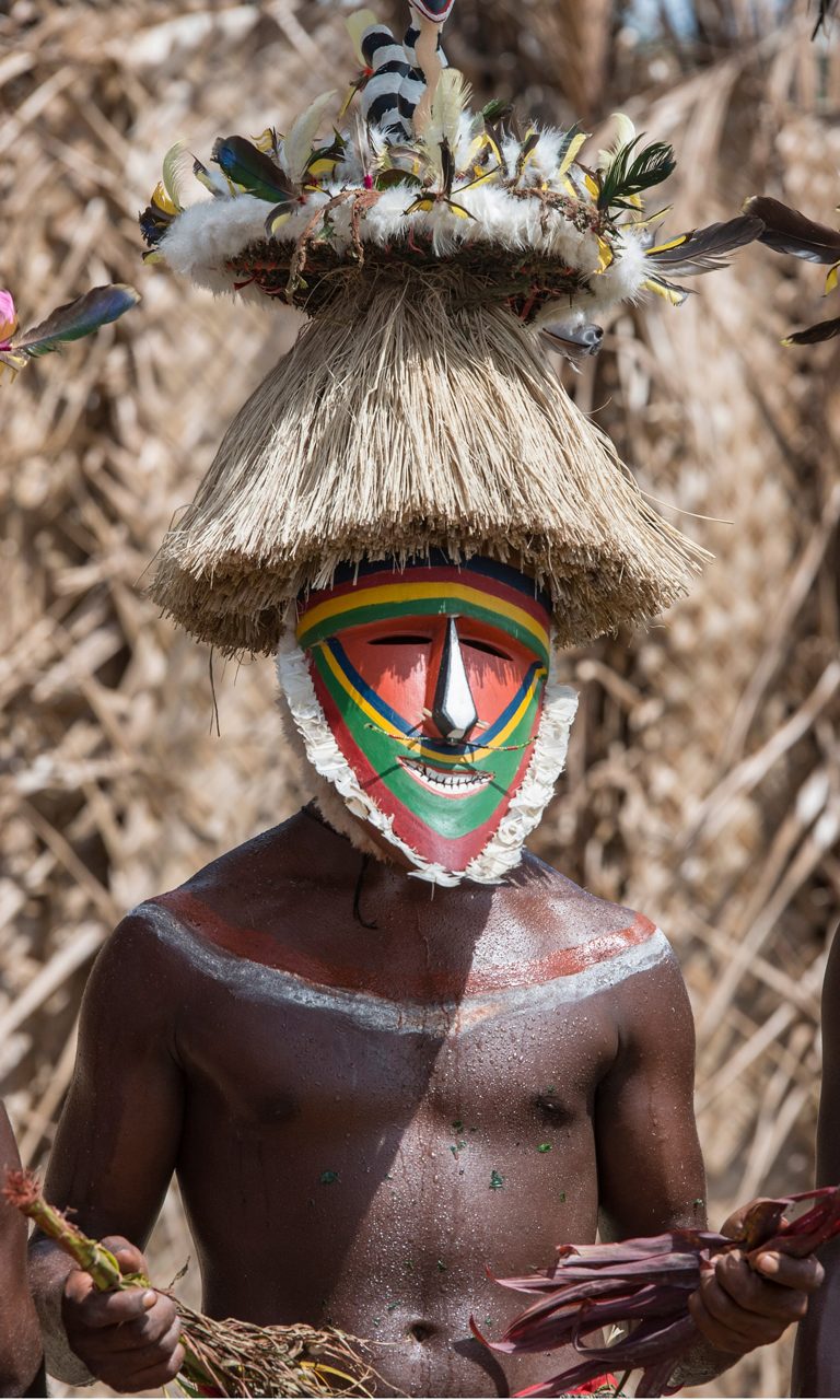 A person wearing a brightly painted ceremonial mask with rainbow colors, a white trim and a pointed nose, topped by a large straw headdress decorated with feathers. Their chest is painted with red and white stripes, and they hold plants in both hands while standing outdoors against a backdrop of dry foliage.