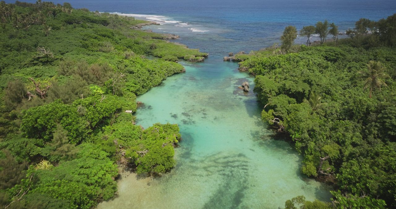 Aerial view of a narrow turquoise inlet cutting through lush green rainforest on Vanuatu’s coast, with waves breaking on a rocky shoreline in the distance.