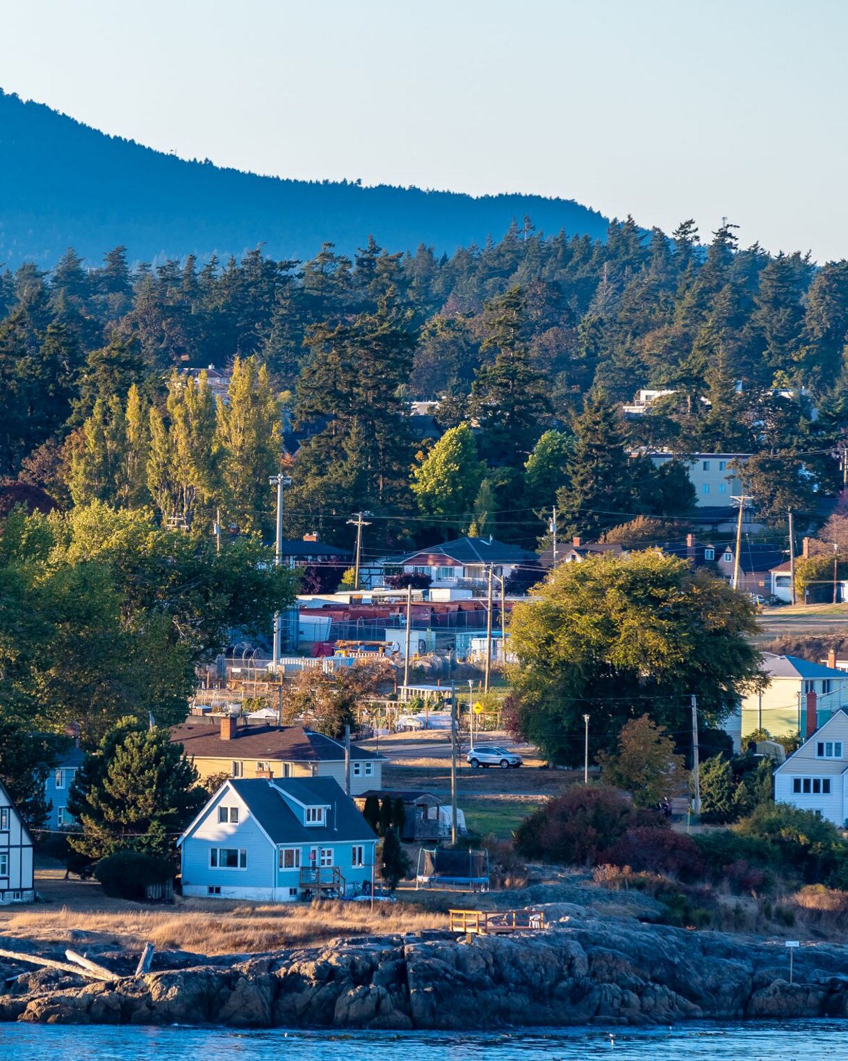 Colorful waterfront houses along Victoria's rocky shoreline with dense forest-covered hills in the background and calm blue waters in the foreground