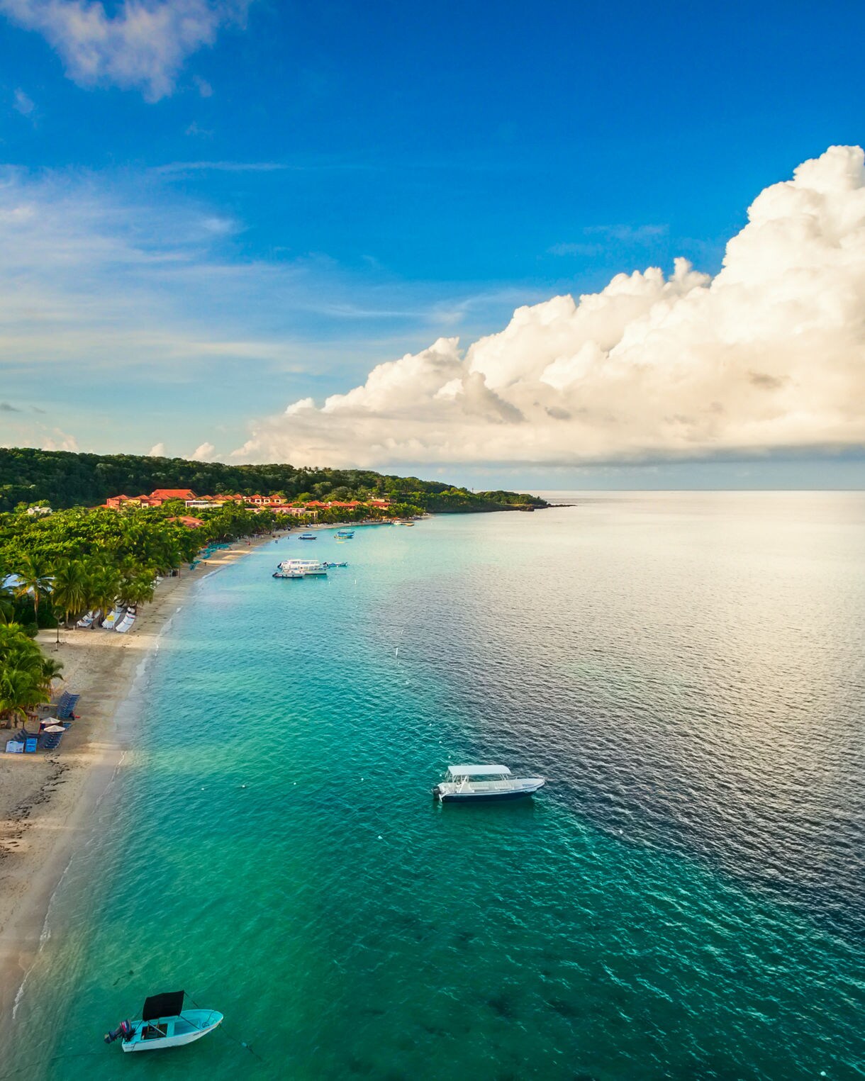 Roatan, Honduras Caribbean beach aerial view.