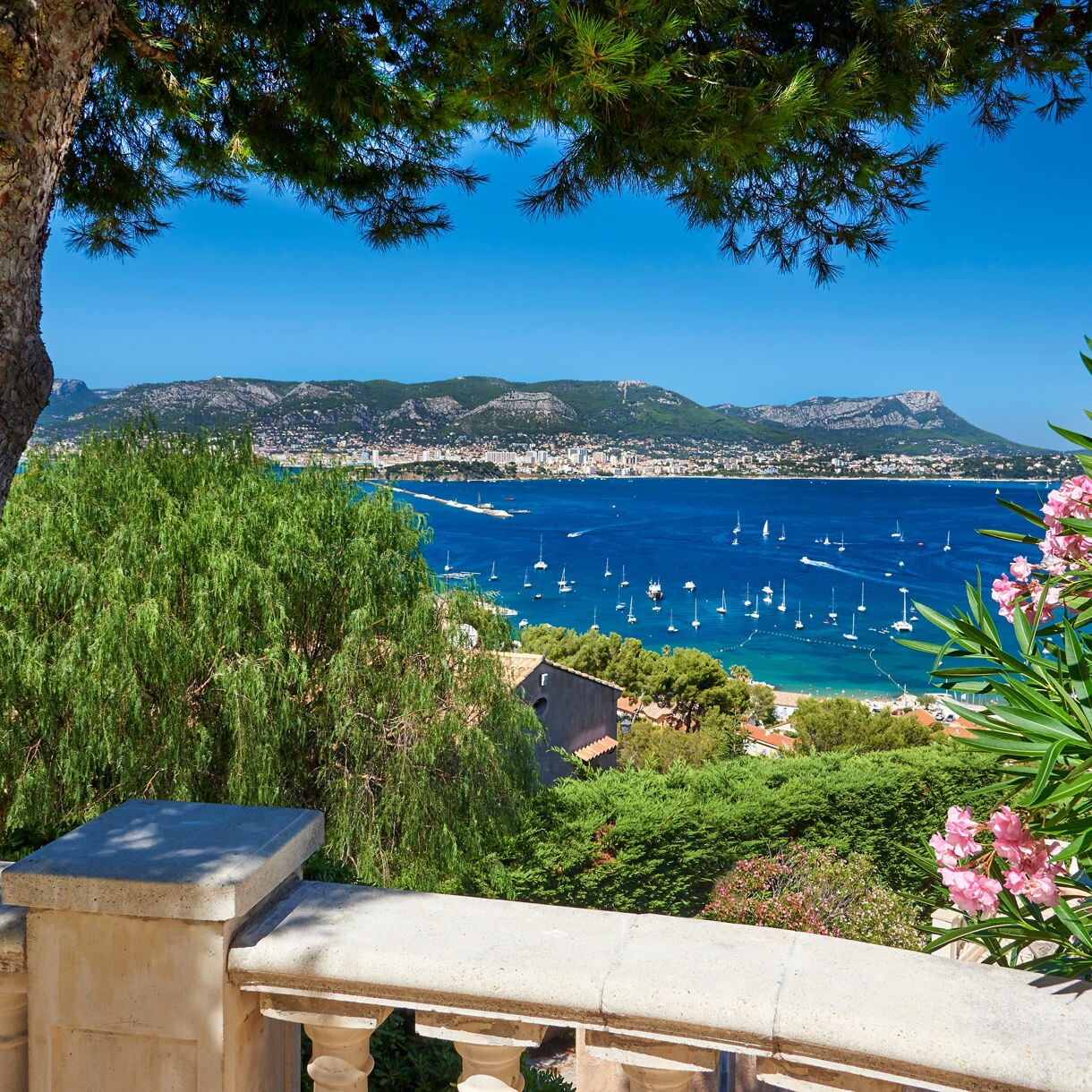 Elevated view of Saint-Mandrier-sur-Mer showcasing a bright blue bay dotted with sailboats, surrounded by lush green trees, colorful flowers and distant mountains under a clear sky