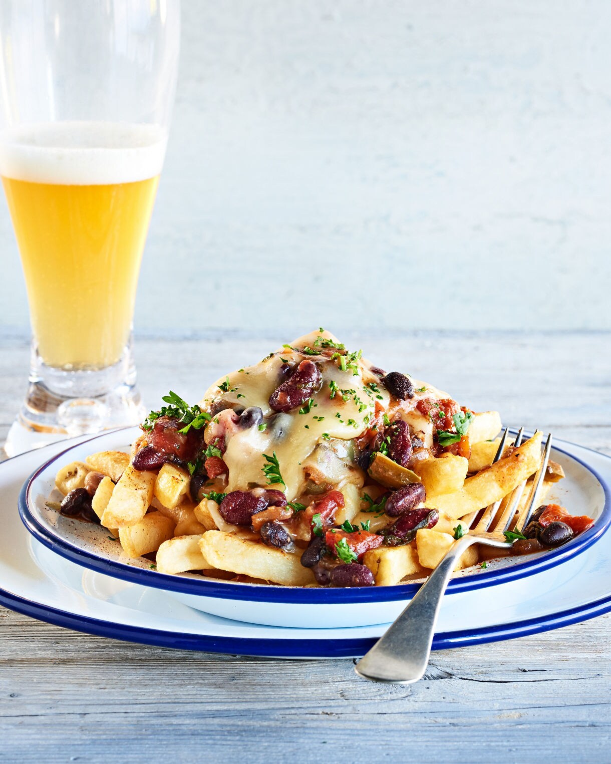 Close-up of loaded fries topped with melted cheese and savory toppings. 