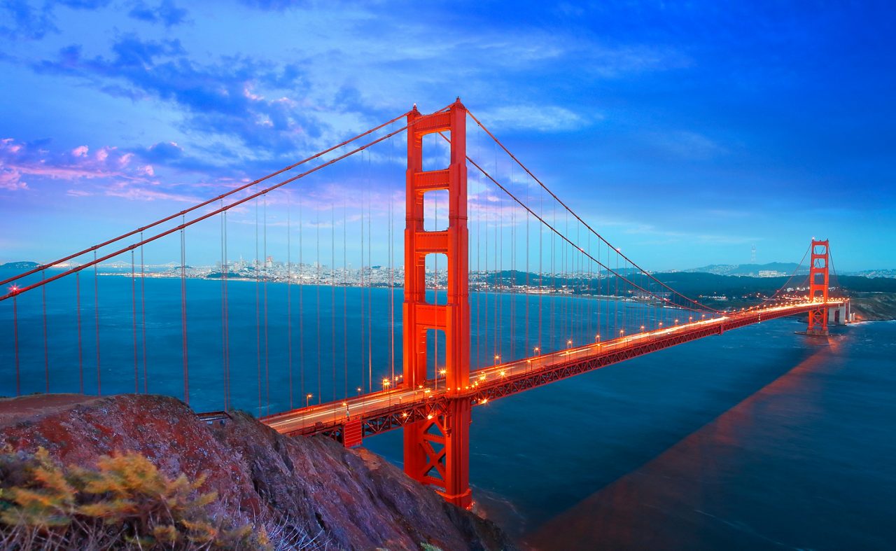 The iconic Golden Gate Bridge at dusk, San Francisco.