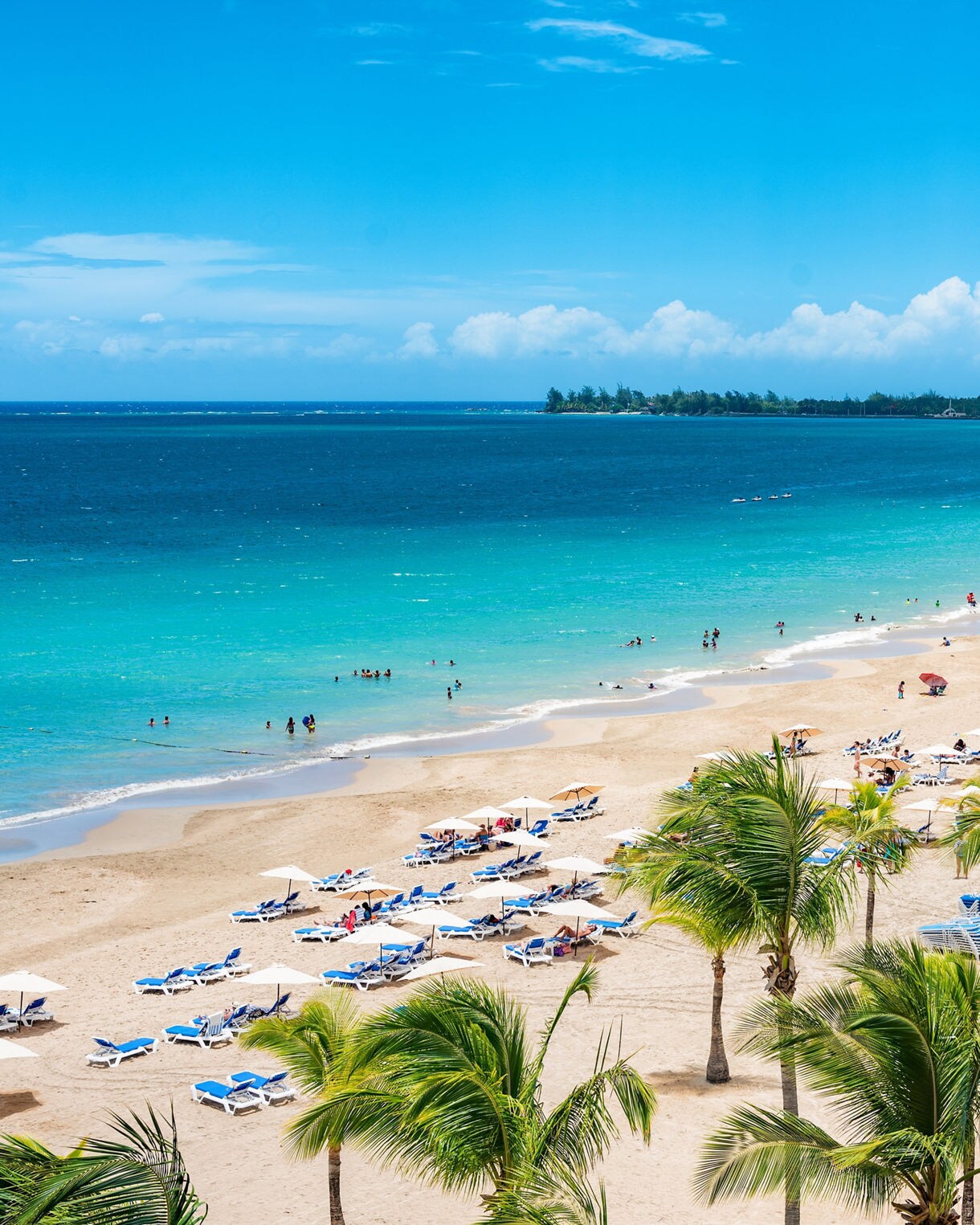 A wide sandy beach in Isla Verde, Puerto Rico, lined with palm trees, lounge chairs, and umbrellas. People swim in the turquoise water and relax along the shore under a clear blue sky.
