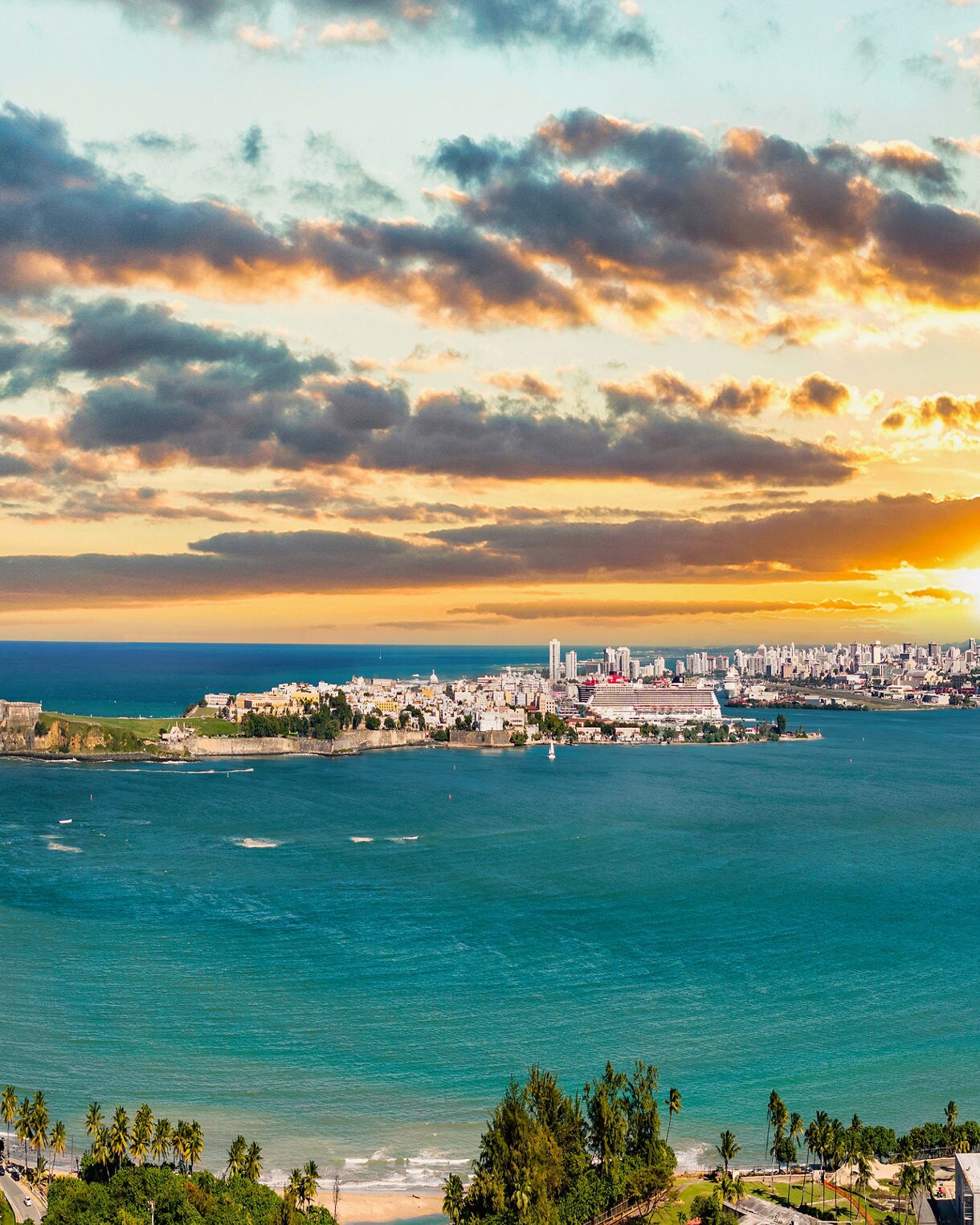 Cruise ships docked in San Juan, Puerto Rico, with the city’s colorful skyline and historic fort in the background.