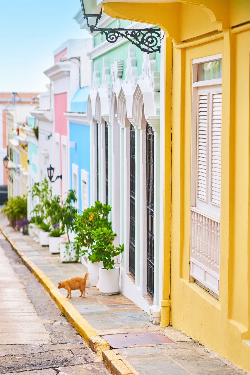 The colorful streets of San Juan, Puerto Rico, are lined with historic Spanish-style buildings.