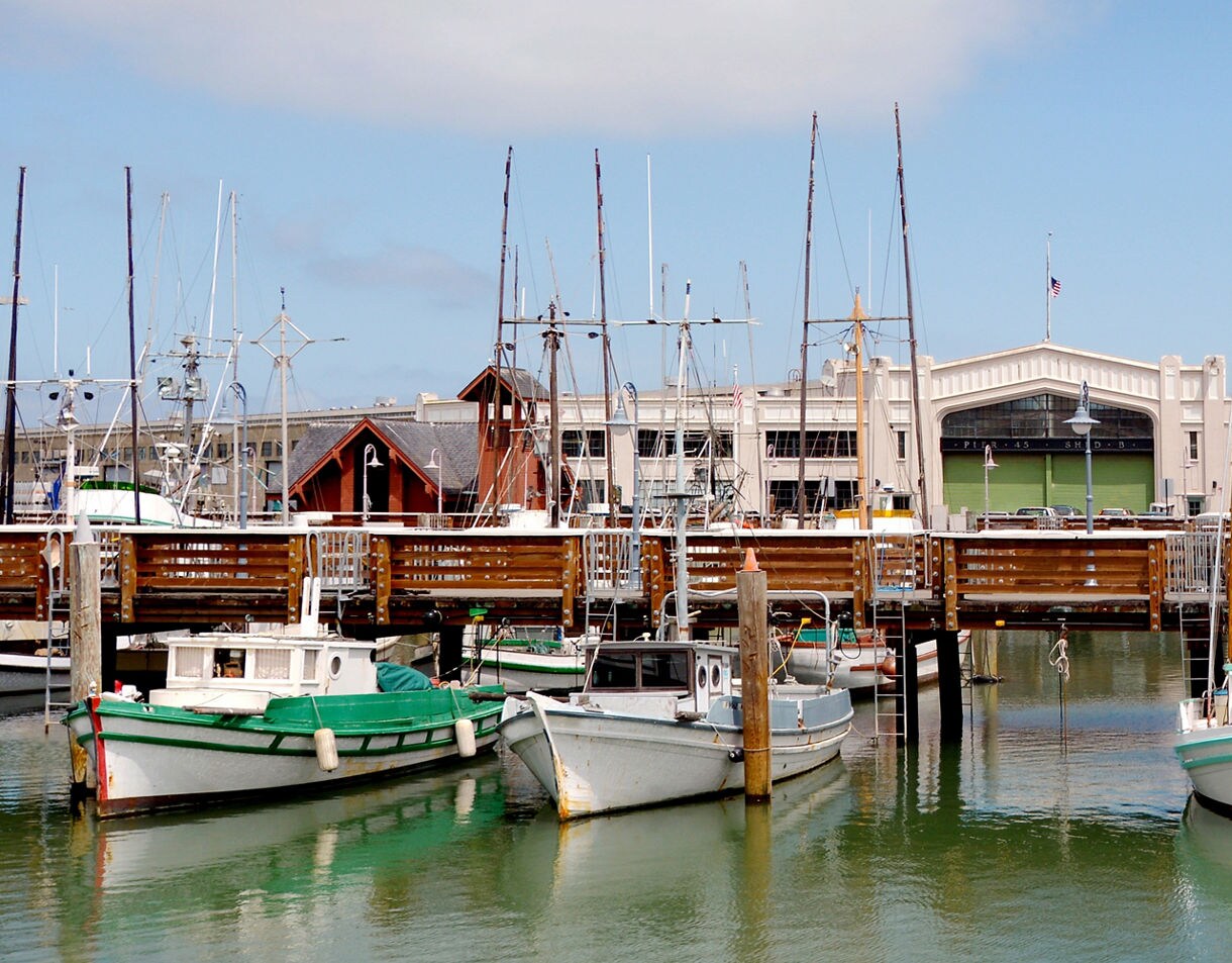 A row of fishing boats moored at Fisherman’s Wharf in San Francisco with wooden piers, tall masts, and waterfront buildings in the background under a partly cloudy sky.
