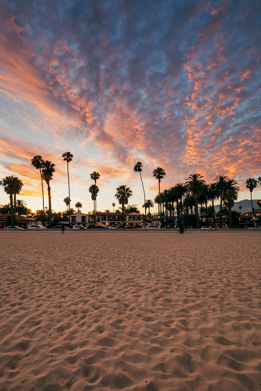 Wide sandy beach in Santa Barbara with tall palm trees silhouetted against a dramatic sunset sky of orange, pink, and purple clouds.