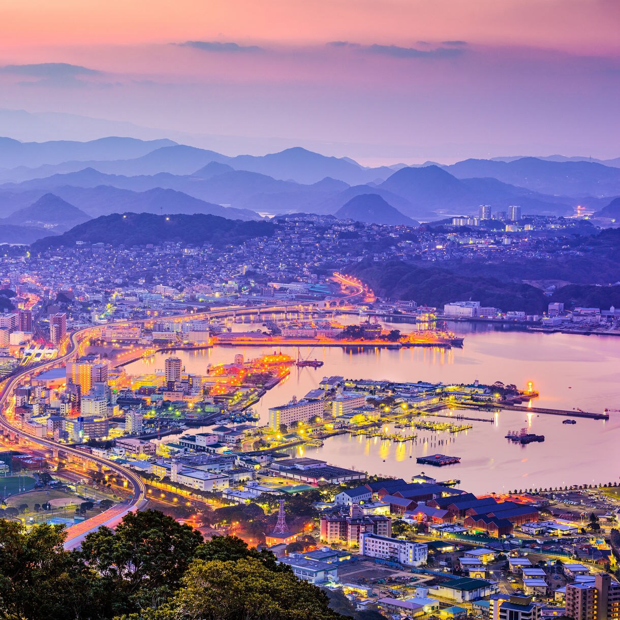 Sasebo, Nagasaki, Japan downtown skyline.