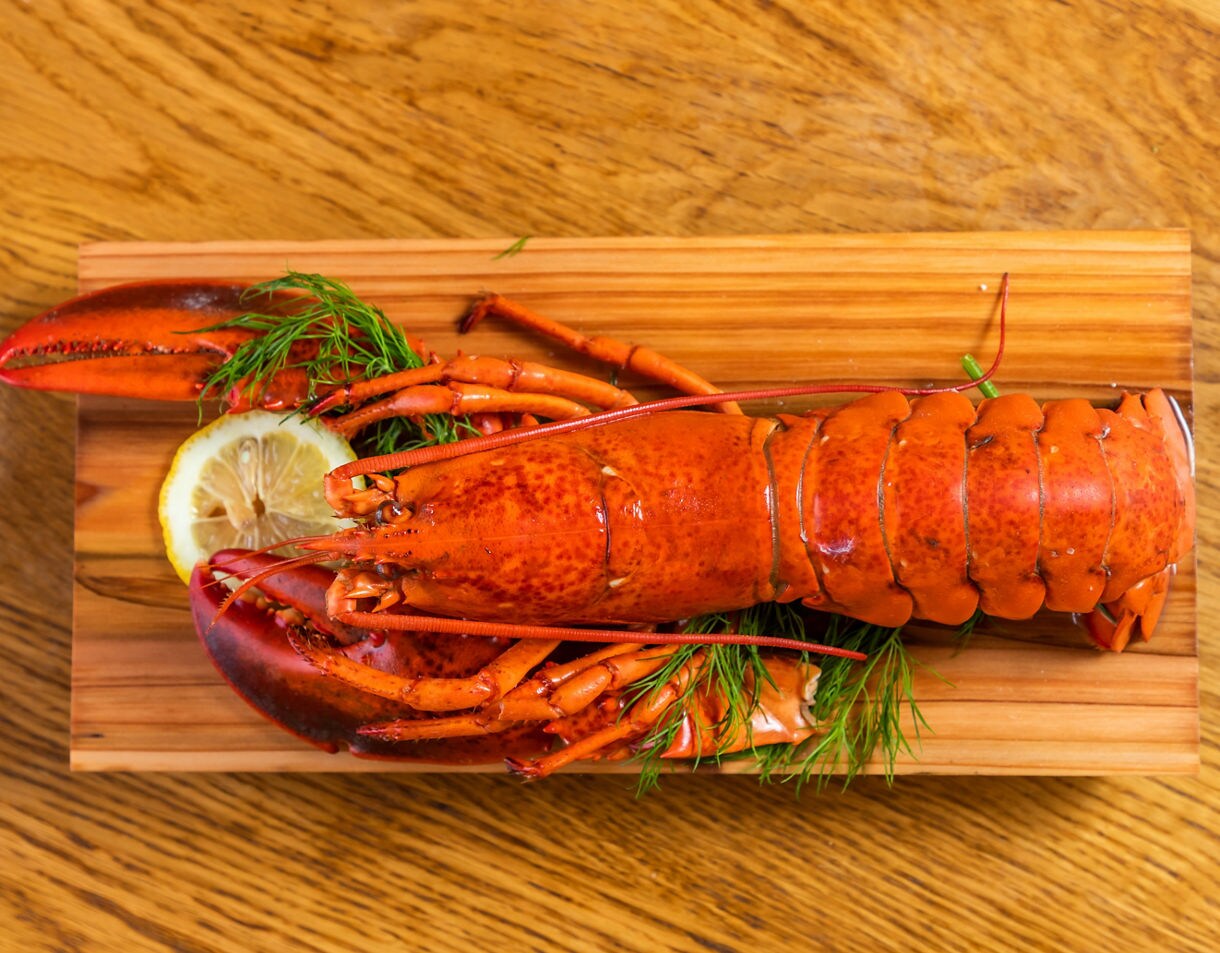 Top-down view of a cooked whole lobster on a wooden board garnished with dill and a lemon slice.