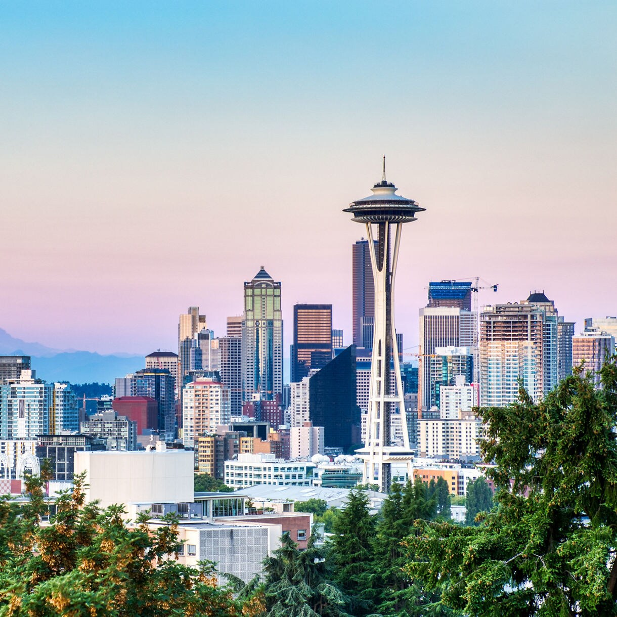 Seattle Cityscape with Mt. Rainier in the Background at Sunset, Washington.
