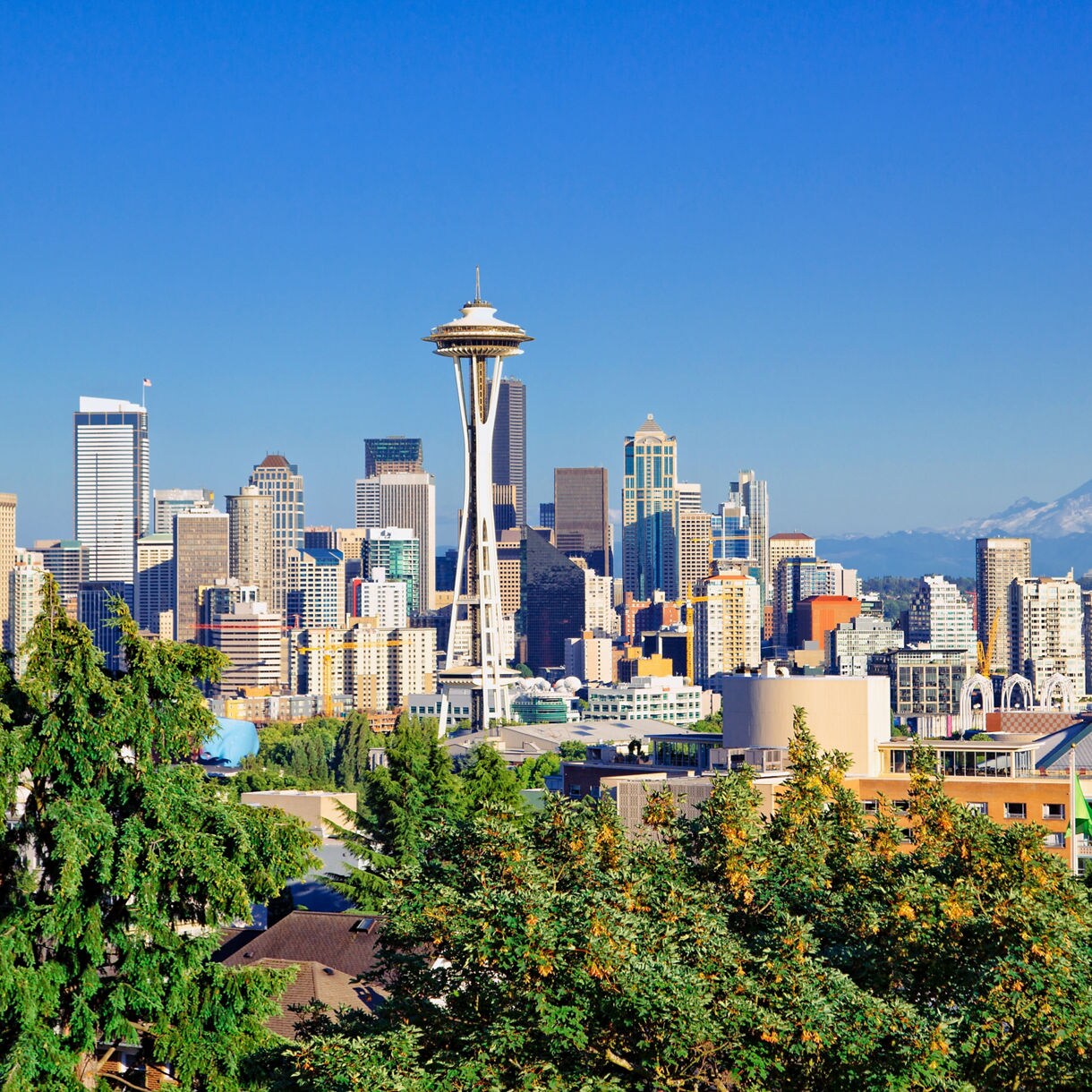 A panoramic view of Seattle’s downtown skyline featuring the Space Needle, clusters of high-rise buildings and Mount Rainier visible in the background under a clear blue sky.