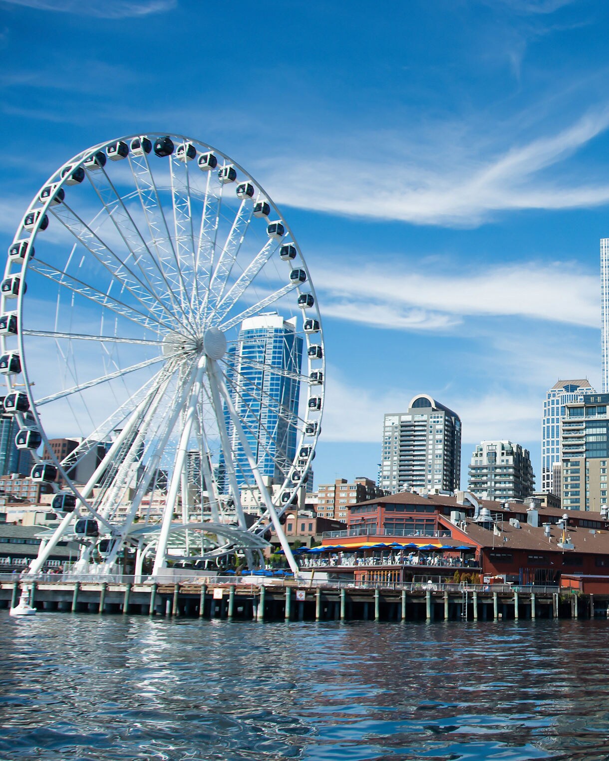 A view of Seattle’s waterfront with the Seattle Great Wheel on the left, piers and restaurants along the water and tall modern skyscrapers rising behind them under a bright blue sky.