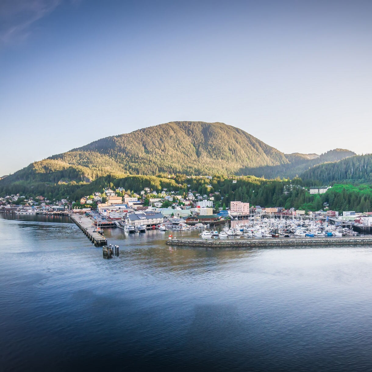 Downtown Ketchikan, Alaska, featuring a bustling harbor with boats and a cruise ship, colorful buildings, and forested hills under a clear sky.
