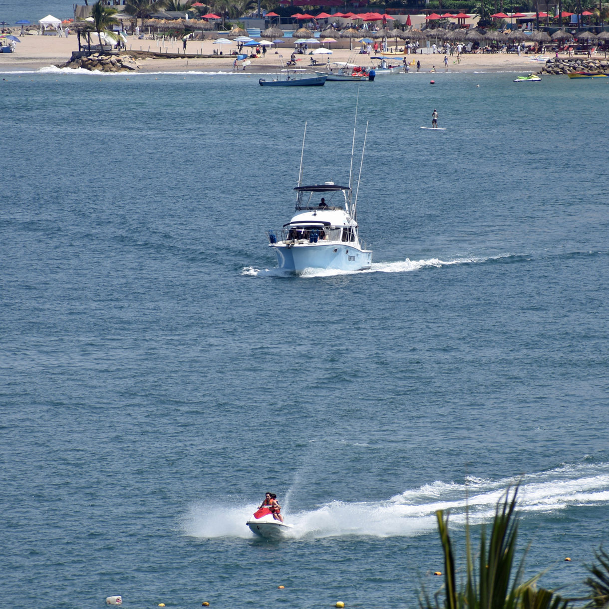 A person rides a red jet ski near a white yacht with a sandy beach and palm-fringed shoreline in the background.