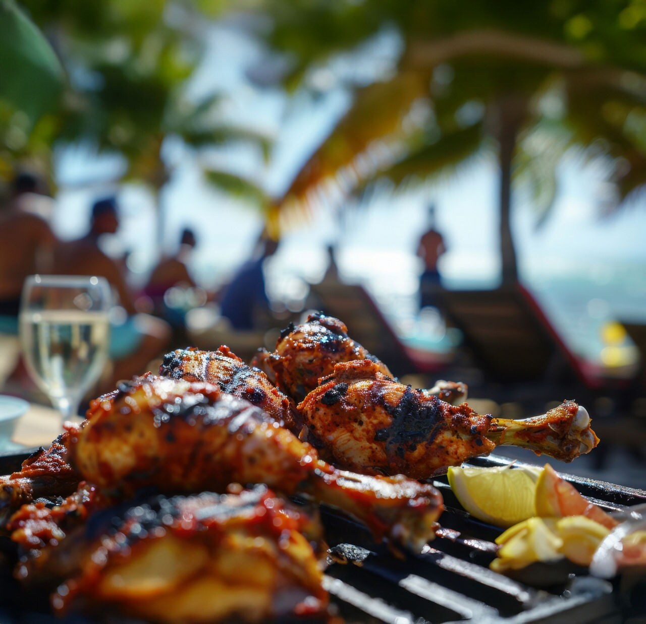Close-up of grilled jerk chicken on a barbecue with lemon wedges, set against a tropical beach backdrop with palm trees and lounge chairs.