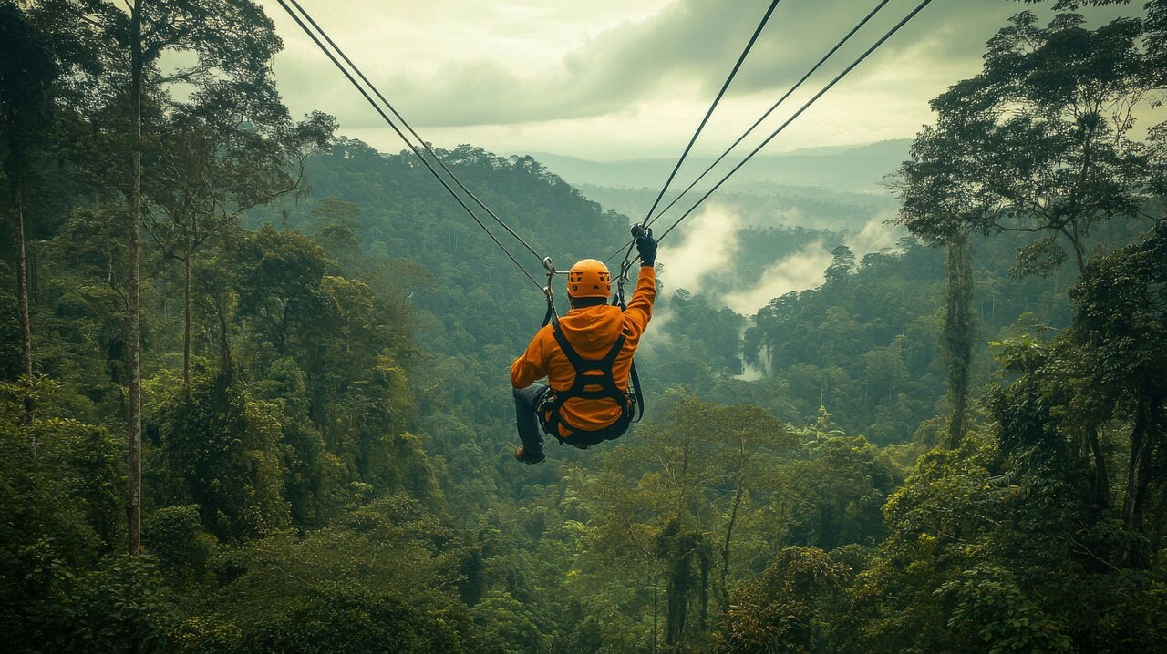 A person wearing an orange jacket and helmet glides along a zipline over the dense, misty rainforest canopy in St. Lucia.