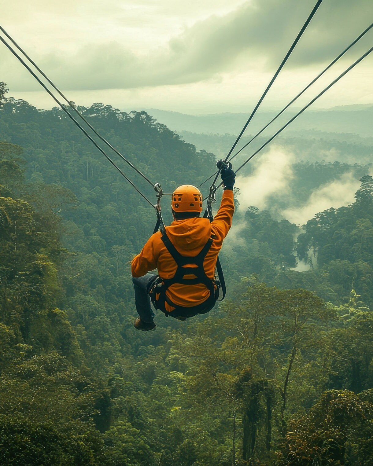 A person wearing an orange jacket and helmet glides along a zipline over the dense, misty rainforest canopy in St. Lucia.