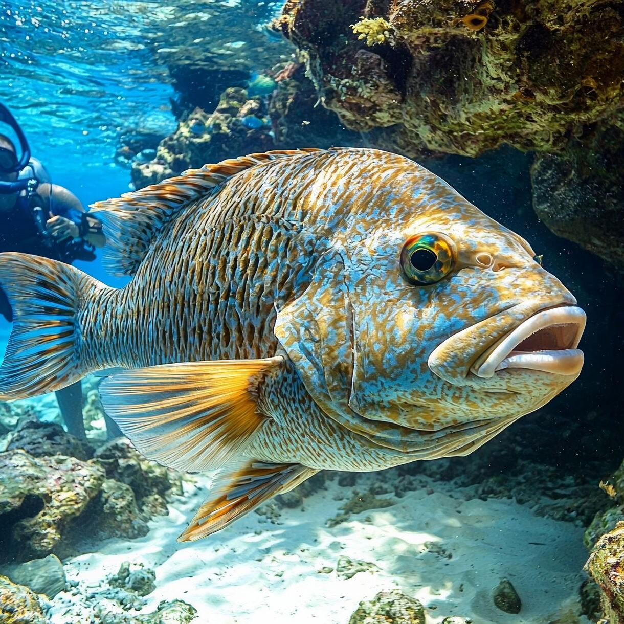 A scuba diver in Turtle Cove, St. Thomas, observing a large fish with distinctive blue and orange markings, while other smaller fish swim in the crystal-clear water near the coral reefs.