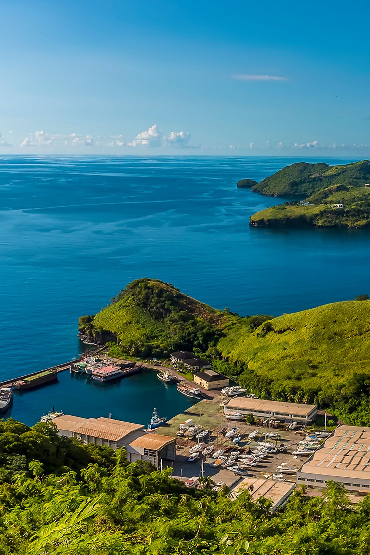 Aerial view of St. Vincent's dramatic green coastal cliffs jutting into bright turquoise ocean waters.