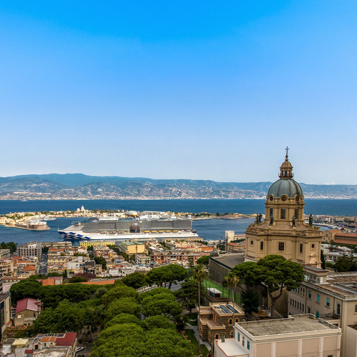 Aerial view of Star Princess transiting off Messina, Sicily