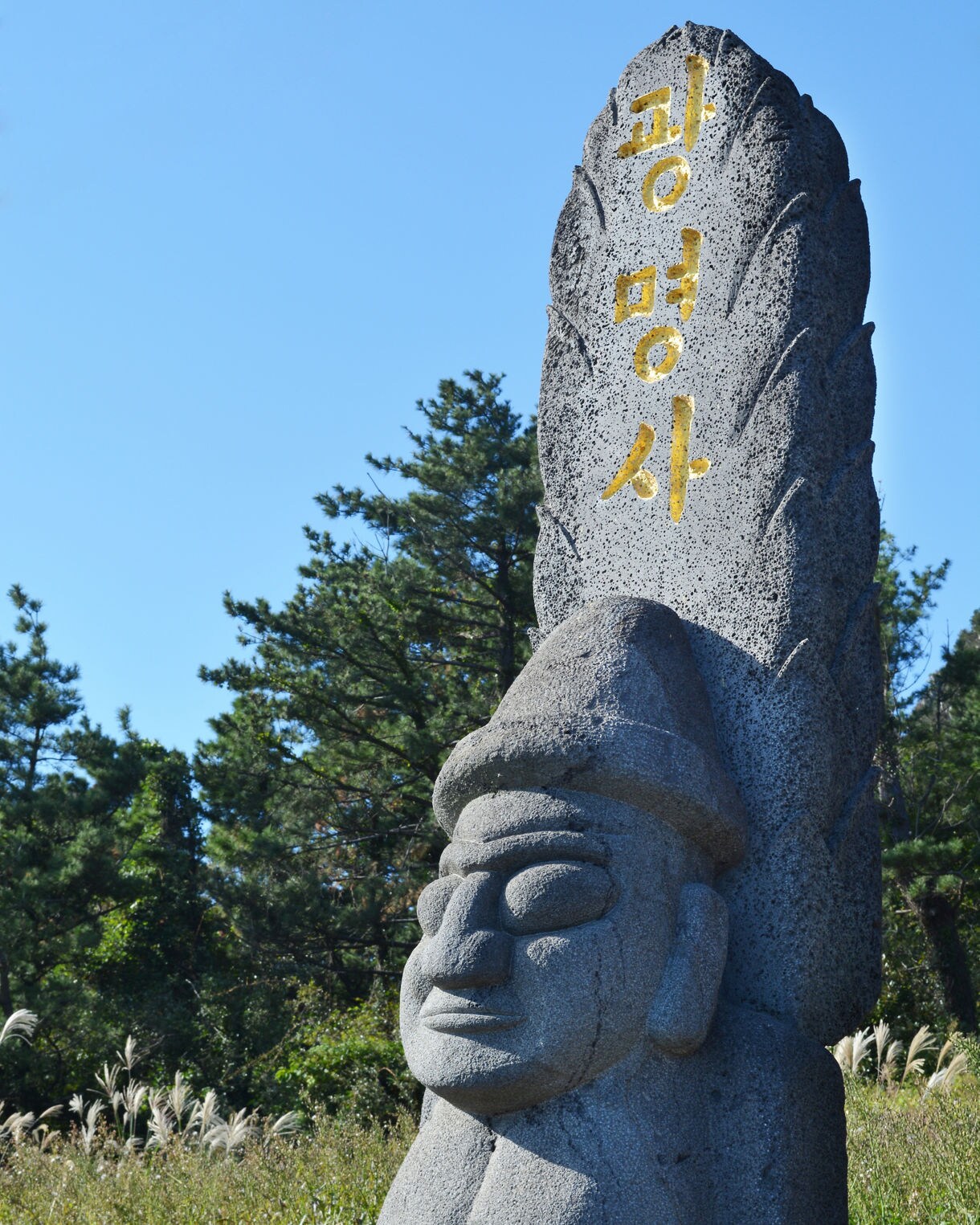 Stone statue in Jeju Island with gold Korean inscriptions and a traditional hat, standing among tall grass and pine trees under a clear blue sky.
