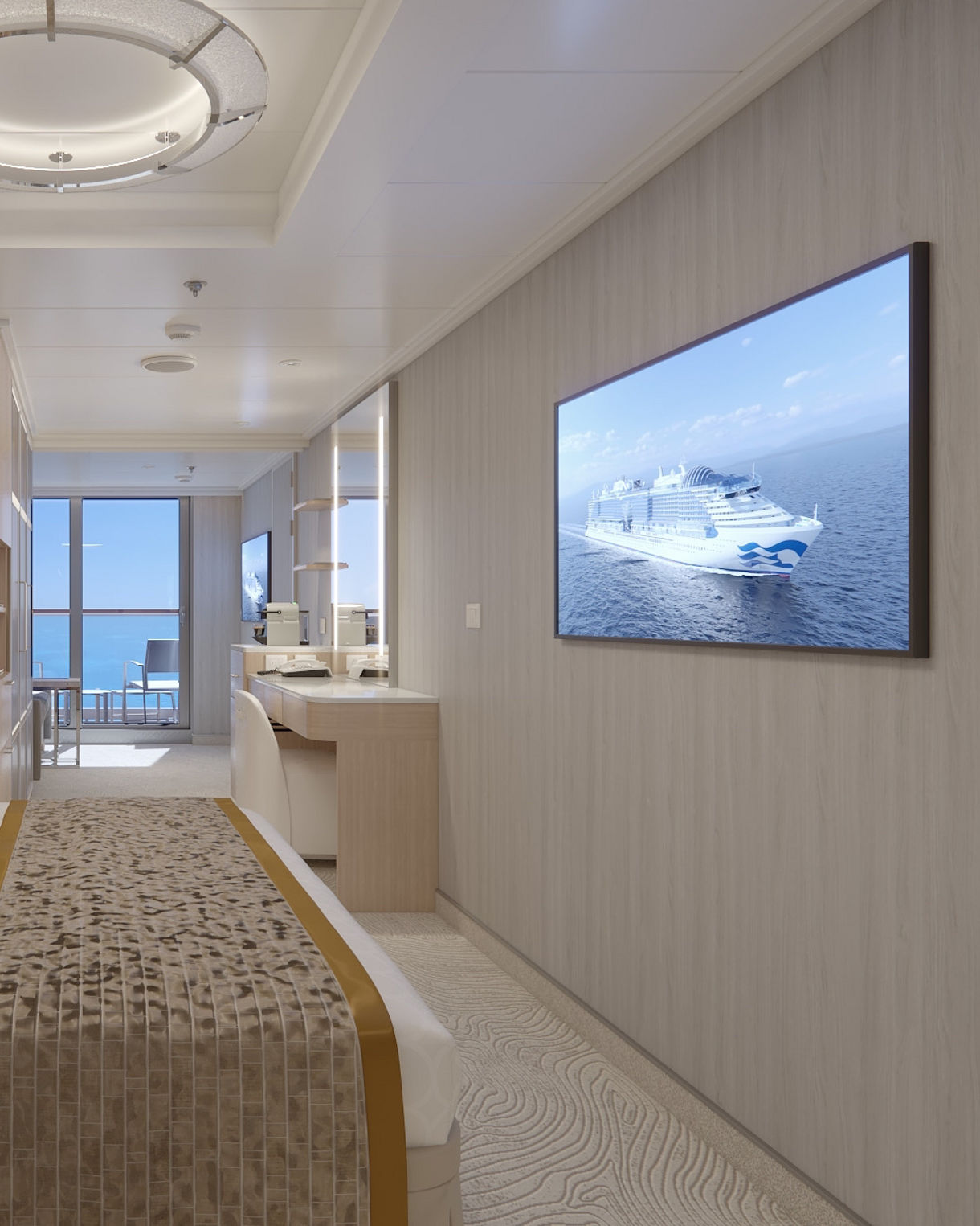 Interior of a Princess Cruises mini-suite, showcasing a comfortable bed, modern decor, a desk area, and a private balcony overlooking the ocean.