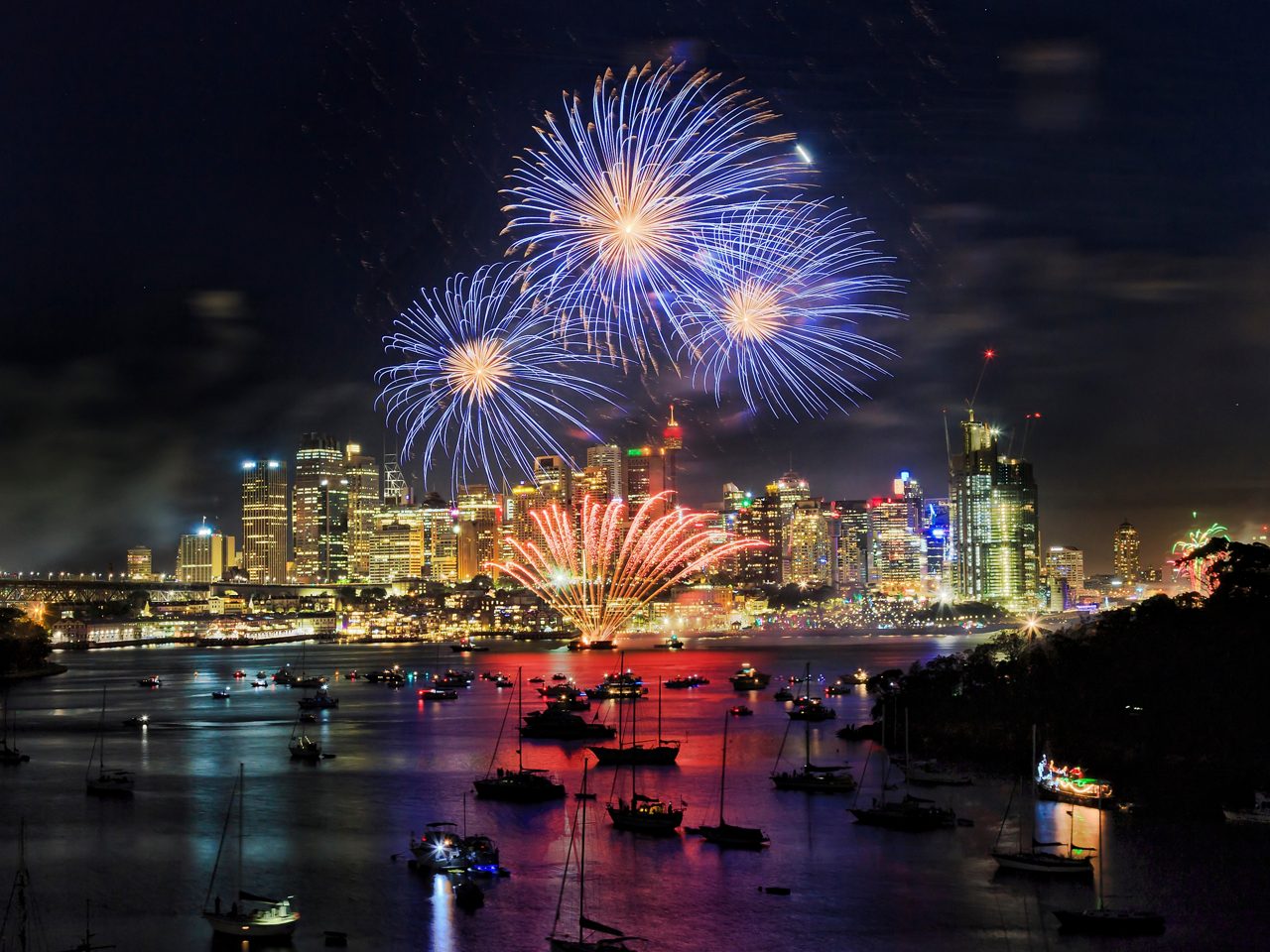 Fireworks exploding over city skyline at night.