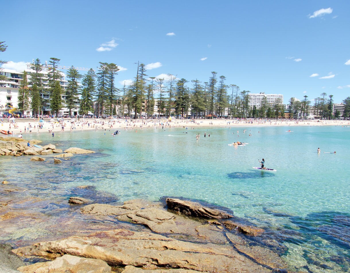 View of Manly Beach with turquoise water, rocky shoreline in the foreground, and crowds of people swimming and relaxing along a wide sandy beach lined with tall pine trees and coastal buildings.