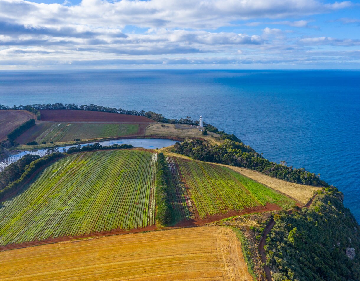 Aerial view of farmland on a coastal cliff with neat crop rows and a white lighthouse overlooking the deep blue ocean.