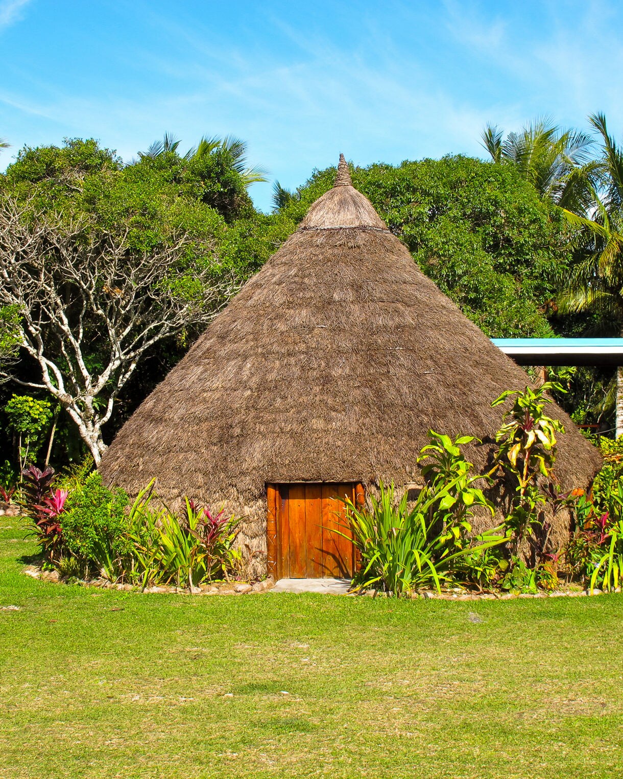 Round thatched hut with a small wooden door, surrounded by tropical plants and trees under a bright blue sky.
